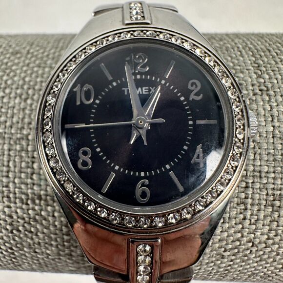 Timex Watch Women 25mm Round Pave Bezel Black Dial Silver Tone 6.25" New Battery - Picture 4 of 11